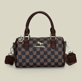 Brown checkered pattern Stylish PU Leather Boston Bag - Elegant Retro Single Shoulder Crossbody Handbag for Women - RnR Galore