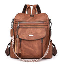 Brown Chic Women's PU Leather Convertible Backpack - Anti - Theft Design, Multi - Pocket Shoulder Bag with Tassel - RnR Galore