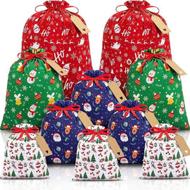 Brown Christmas Gift Drawstring Bags Set - Festive Burlap Style Pouches for Candy & Apples - Holiday Decoration - 10 Pcs - RnR Galore