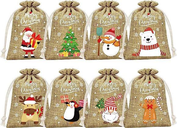 Brown Christmas Gift Drawstring Bags Set - Festive Burlap Style Pouches for Candy & Apples - Holiday Decoration - 10 Pcs - RnR Galore