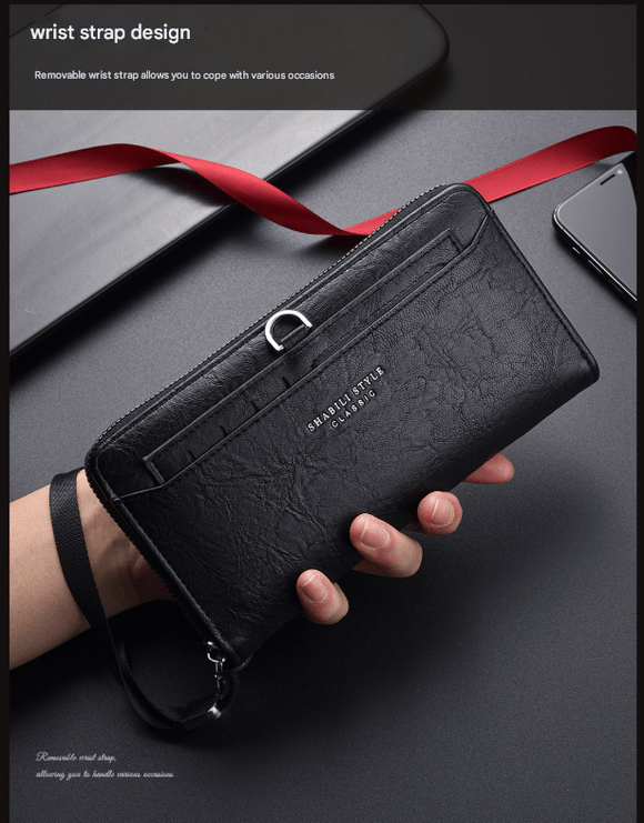 Brown Classic Long Zipper Wallet Clutch - Large Capacity PU Leather Phone & Card Holder with Wrist Strap - RnR Galore