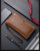 Brown Classic Long Zipper Wallet Clutch - Large Capacity PU Leather Phone & Card Holder with Wrist Strap - RnR Galore
