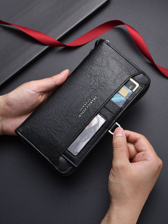 Brown Classic Long Zipper Wallet Clutch - Large Capacity PU Leather Phone & Card Holder with Wrist Strap - RnR Galore