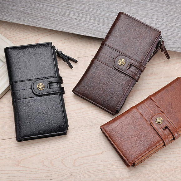 Brown Men's Vintage PU Leather Long Wallet - High Capacity Dual Zipper Clutch with Phone & Card Slots - RnR Galore