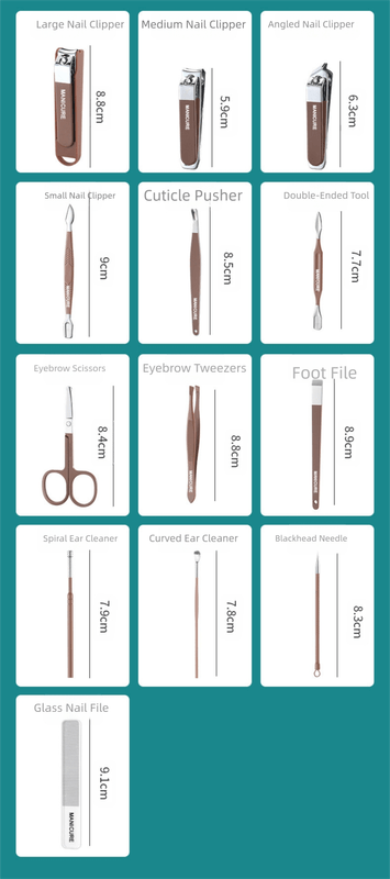 Brown Premium 13 - in - 1 Manicure & Grooming Kit - Professional Carbon Steel Pedicure Set with Dual - Drawer Case & Mirror - RnR Galore