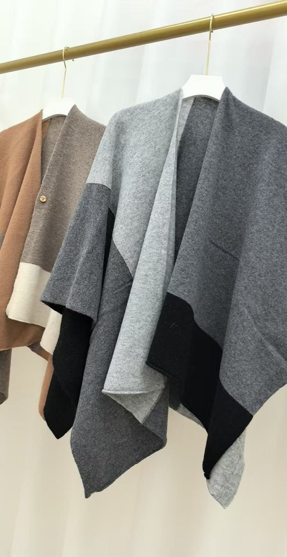 Brown Pure Wool Extra Large Shawl Scarf Color Block Multi - functional Warm Cashmere Cape Poncho - RnR Galore