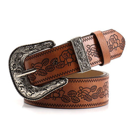 Brown Women's Western Style Embossed Belt 2 Pack Vintage PU Leather Waistband with Antique Silver Buckle for Jeans and Dresses Y2K Fashion - RnR Galore