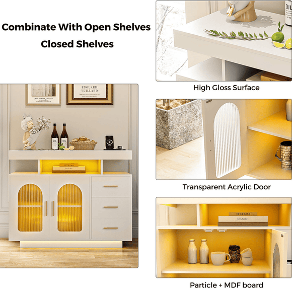 Buffet Sideboard Cabinet With RGB LED Light and Charging Station Console Coffee Bar White - RnR Galore