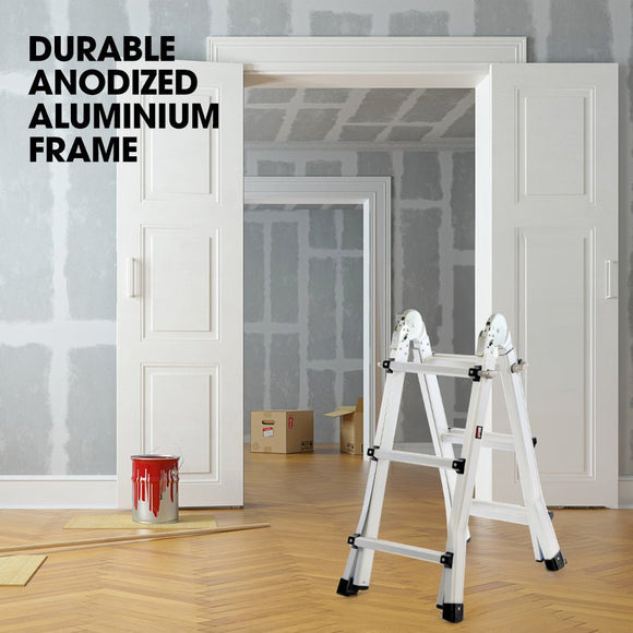 Bullet 2.9m Folding Aluminium Multipurpose Ladder, w/ Workshelf Platform, Spring Assisted Rapid Safety Lock Adjusters - RnR Galore