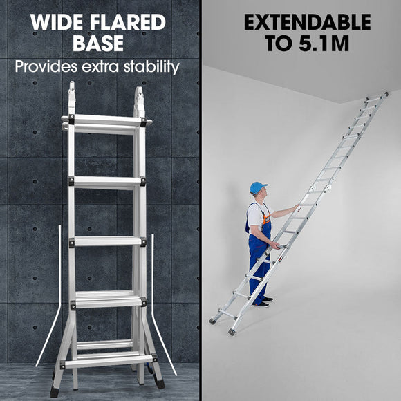 Bullet 5.1m Folding Aluminium Multipurpose Ladder, w/ Workshelf Platform, Spring Assisted Rapid Safety Lock Adjusters - RnR Galore