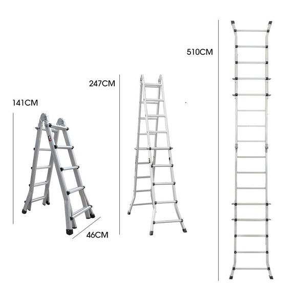 Bullet 5.1m Folding Aluminium Multipurpose Ladder, w/ Workshelf Platform, Spring Assisted Rapid Safety Lock Adjusters - RnR Galore