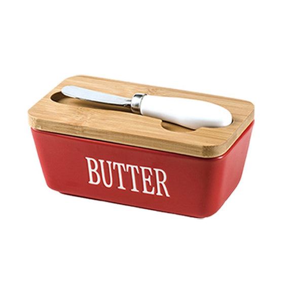 Butter Box with Knife Rectangular Cheese Container with Wooden Lid for Kitchen - Green - RnR Galore