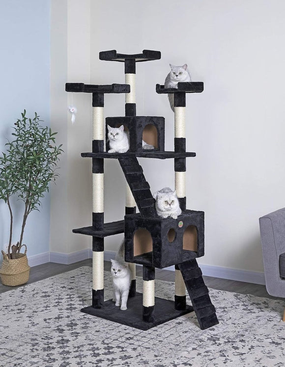 CARLA HOME 180cm Cat Tree Tower for Indoor Cats with Dual Condos, Plush Perches, Sisal Scratching Posts & Ramps for Kittens & Adult Cats (Black) - RnR Galore