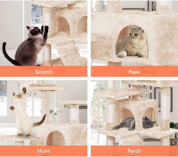 CARLA HOME 180cm Cat Tree Tower for Indoor Cats with Plush Perches, Dual Condos, Natural Sisal Scratching Posts & Ramp for Kittens & Adult Cats (Beige) - RnR Galore