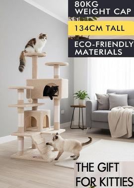 CARLA HOME 180cm Cat Tree Tower for Indoor Cats with Plush Perches, Dual Condos, Natural Sisal Scratching Posts & Ramp for Kittens & Adult Cats (Beige) - RnR Galore