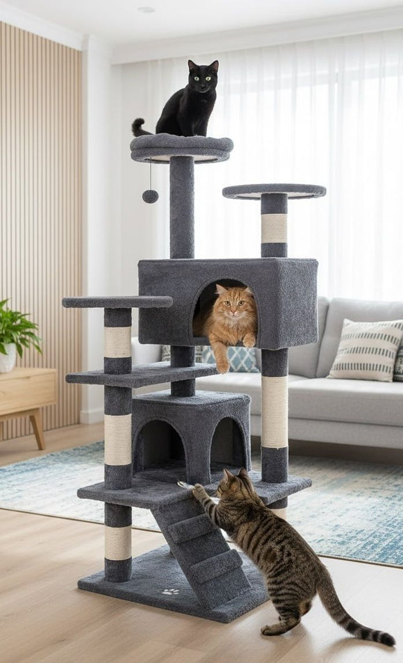 CARLA HOME 180cm Cat Tree Tower for Indoor Cats with Plush Perches, Dual Condos, Natural Sisal Scratching Posts & Ramp for Kittens & Adult Cats (Dark Grey) - RnR Galore