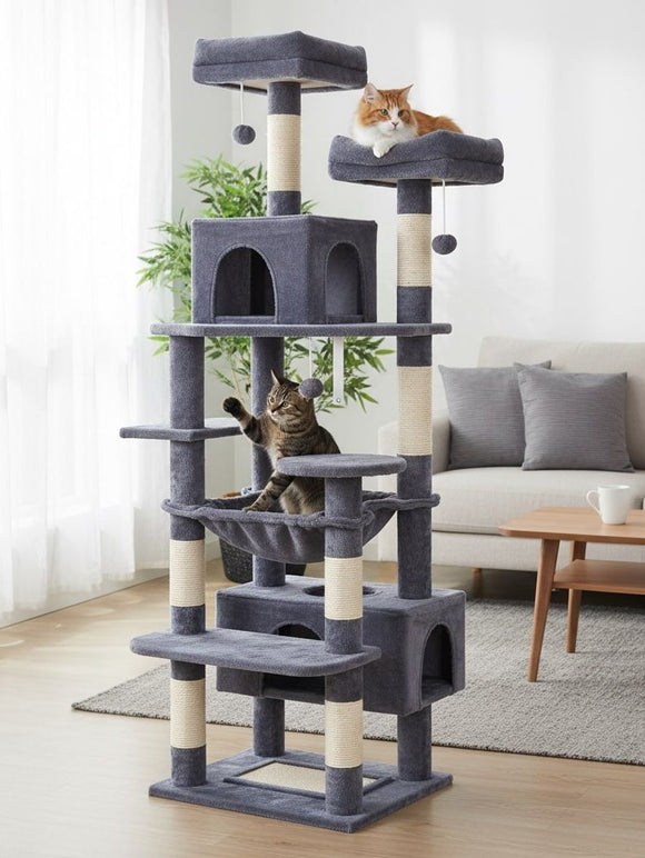 CARLA HOME 180cm Cat Tree Tower for Indoor Cats with Plush Perches, Dual Condos, Natural Sisal Scratching Posts & Ramps for Kittens & Adult Cats (Grey) - RnR Galore