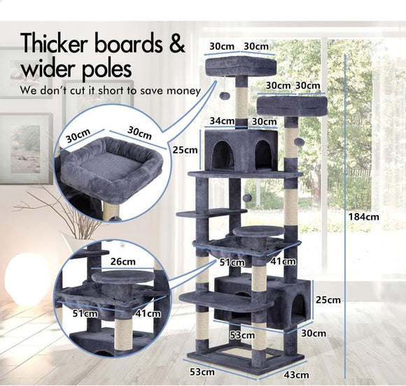 CARLA HOME 180cm Cat Tree Tower for Indoor Cats with Plush Perches, Dual Condos, Natural Sisal Scratching Posts & Ramps for Kittens & Adult Cats (Grey) - RnR Galore