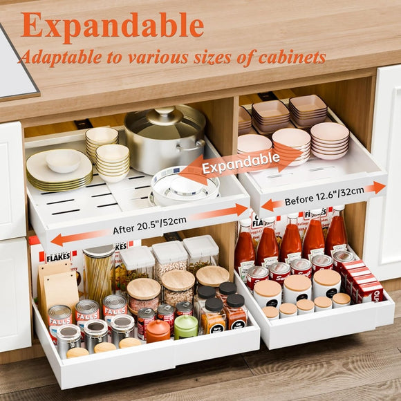 CARLA HOME 2 Pack Pull Out Cabinet Organizer Expandable for Cabinets with Adjustable Slide Out Shelves and Easy Installation (White) - RnR Galore