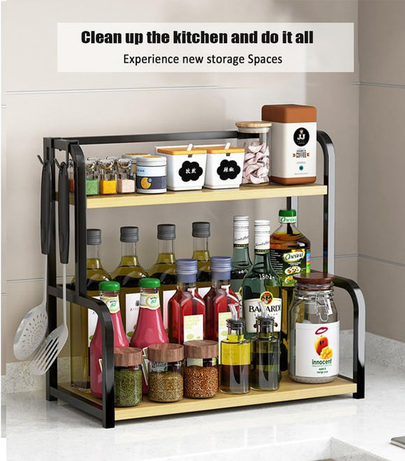 CARLA HOME 2 - Tier Wooden Kitchen Countertop Spice Rack for Storage of Condiments, Oils, Jars & Seasoning Bottles - RnR Galore