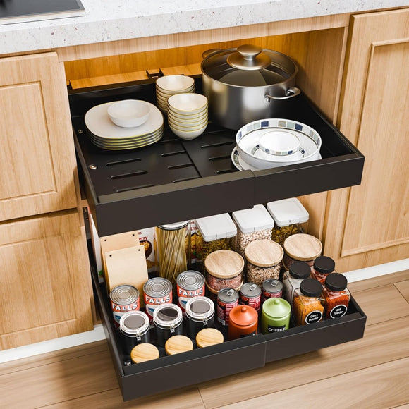 CARLA HOME Pack Pull Out Cabinet Organizer Expandable for Cabinets with Adjustable Slide Out Shelves and Easy Installation (Black) - RnR Galore