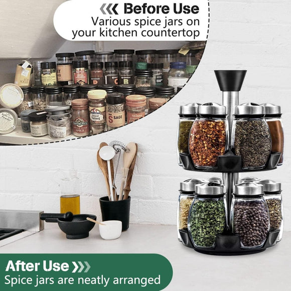 CARLA HOME Rotating Spice Rack Organizer with 16 Glass Jars for Kitchen Seasoning and Herb Storage - RnR Galore