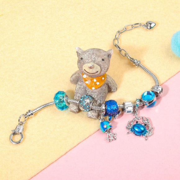Cartoon Ocean Theme Bracelet with Octopus, Jellyfish, Crab Charms & Crystal Rhinestone Beads(18cm) - RnR Galore