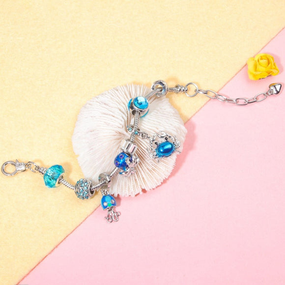 Cartoon Ocean Theme Bracelet with Octopus, Jellyfish, Crab Charms & Crystal Rhinestone Beads(20cm) - RnR Galore