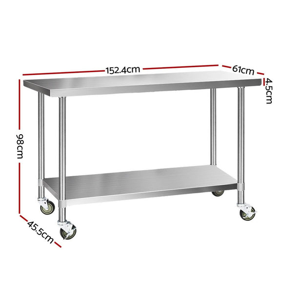 Cefito 430 Stainless Steel Kitchen Benches Work Bench Food Prep Table with Wheels 1524MM x 610MM - RnR Galore