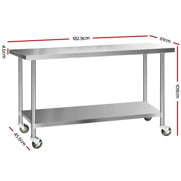 Cefito 430 Stainless Steel Kitchen Benches Work Bench Food Prep Table with Wheels 1829MM x 610MM - RnR Galore