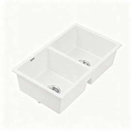 Cefito Kitchen Sink 77x45cm Granite Stone Sink Double Bowl White - RnR Galore