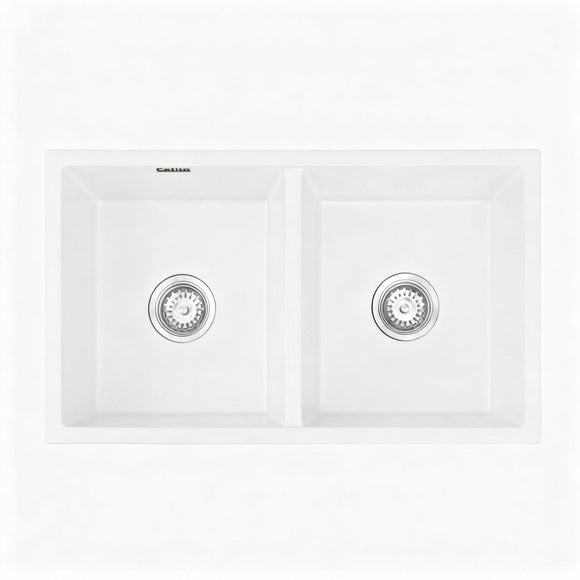 Cefito Kitchen Sink 77x45cm Granite Stone Sink Double Bowl White - RnR Galore