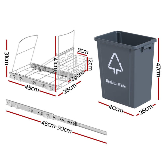 Cefito Pull Out Bin Kitchen Cabinet Slide Garbage Rubbish Bins Basket 40L Grey - RnR Galore