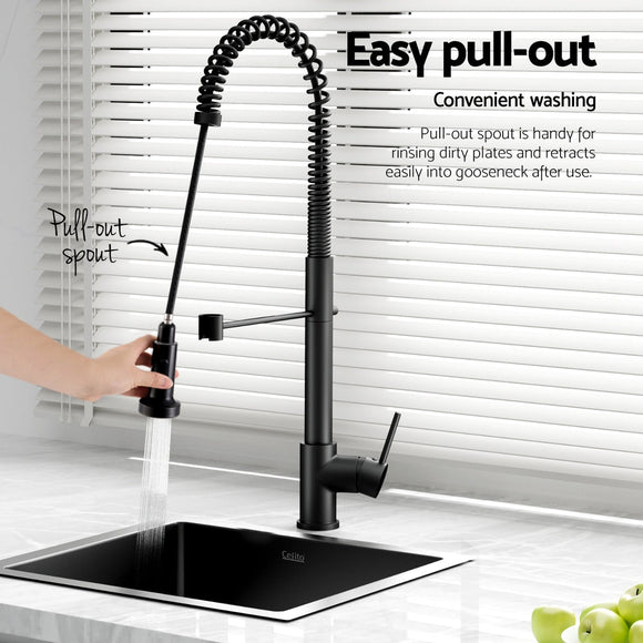 Cefito Stainless Steel Sink 51x45CM With Pull Out Mixer Tap Kitchen Single Bowl Black - RnR Galore
