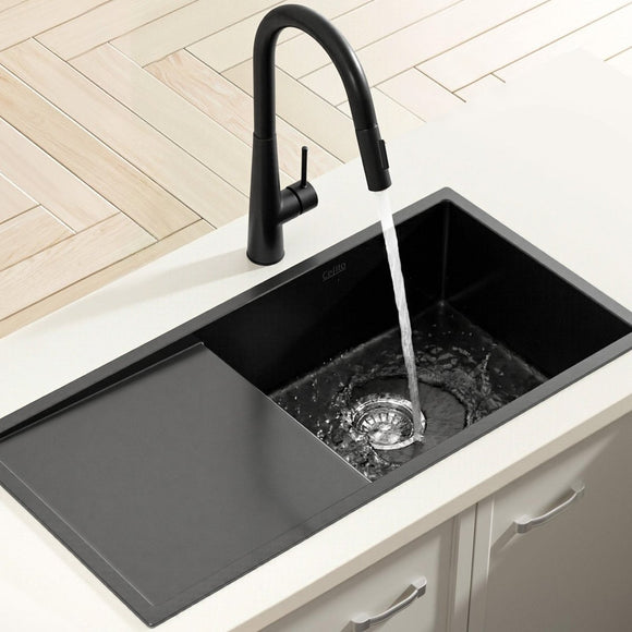 Cefito Stainless Steel Sink 75x45CM With Pull Out Mixer Tap Kitchen Basin Single Bowl Black - RnR Galore