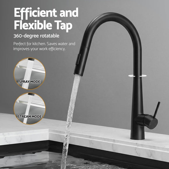 Cefito Stainless Steel Sink 75x45CM With Pull Out Mixer Tap Kitchen Basin Single Bowl Black - RnR Galore