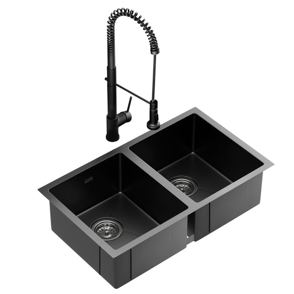 Cefito Stainless Steel Sink 77x45CM With Pull Out Mixer Tap Kitchen Double Bowl Black - RnR Galore