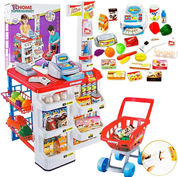 Children's Home Supermarket w/ Toy Cash Register, Trolly, Fruit & More - RnR Galore