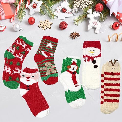 Christmas Socks - 6 Pairs Cozy Warm Fluffy Plush Bed Socks for Women, Girls - Cute Coral Fleece Xmas Indoor - RnR Galore
