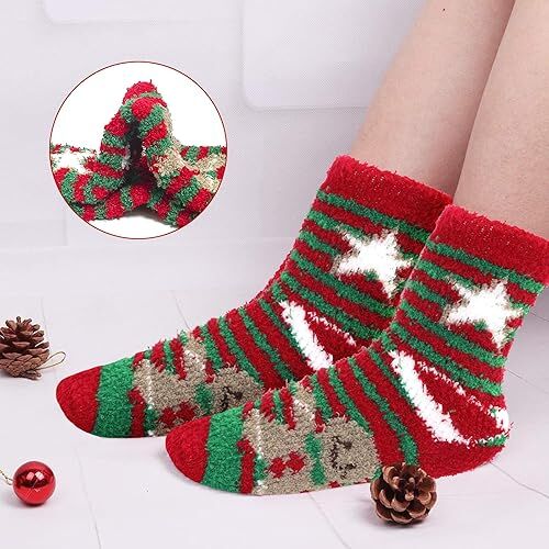 Christmas Socks - 6 Pairs Cozy Warm Fluffy Plush Bed Socks for Women, Girls - Cute Coral Fleece Xmas Indoor - RnR Galore