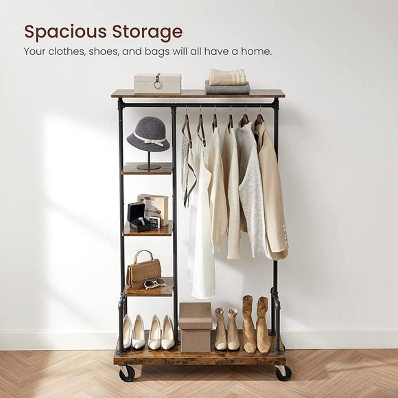 Clothing Garment Rack on Wheels with 5 - Tier, Industrial Pipe Style, Rustic Brown - RnR Galore