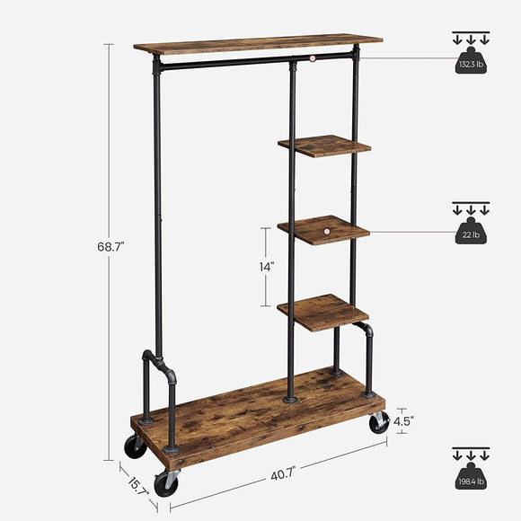 Clothing Garment Rack on Wheels with 5 - Tier, Industrial Pipe Style, Rustic Brown - RnR Galore
