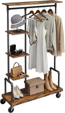 Clothing Garment Rack on Wheels with 5 - Tier, Industrial Pipe Style, Rustic Brown - RnR Galore
