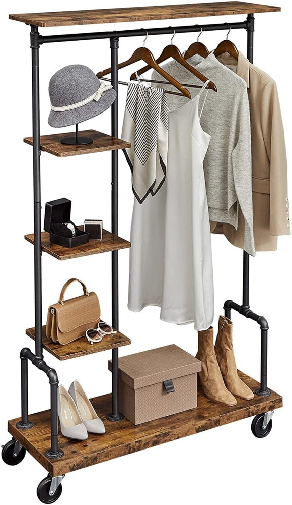 Clothing Garment Rack on Wheels with 5 - Tier, Industrial Pipe Style, Rustic Brown - RnR Galore