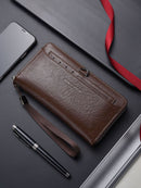 Coffee Classic Long Zipper Wallet Clutch - Large Capacity PU Leather Phone & Card Holder with Wrist Strap - RnR Galore