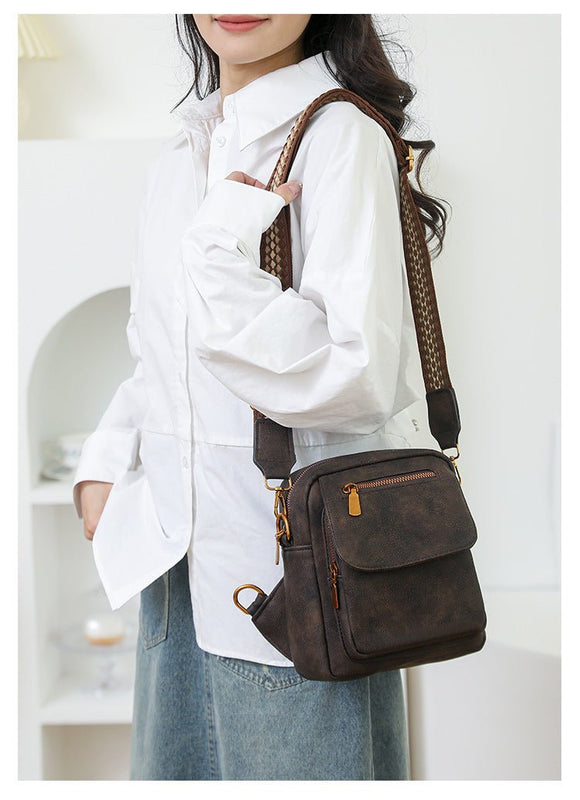 Coffee Stylish PU Leather Sling Crossbody Bag for Women - Multi - Pocket Chest Pack with Adjustable Wide Strap - RnR Galore