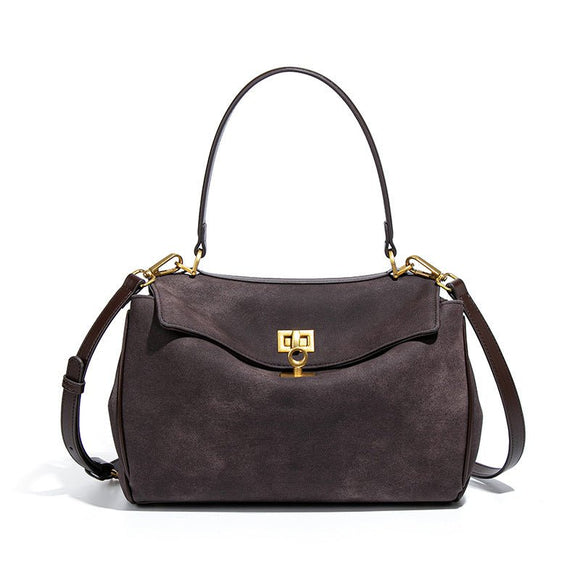 Coffee Women's Vintage Suede Satchel Bag - Elegant Top Handle Purse with Gold Lock - RnR Galore
