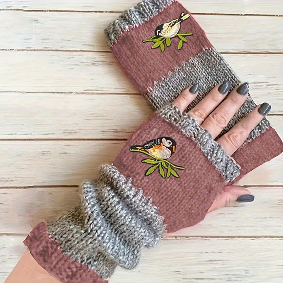 Color - Block Bird Embroidered Fingerless Knit Gloves – Warm, Flexible, Perfect for Daily Autumn/Winter Use, 8.5×22cm Stylish Practical Commute Hand - Warming Essential(black) - RnR Galore
