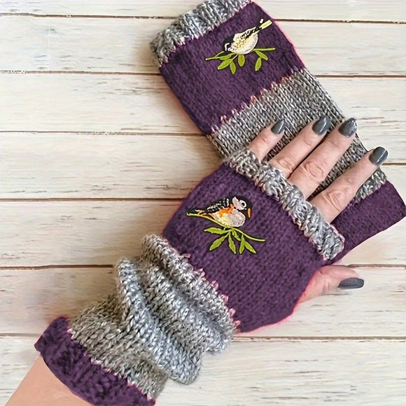 Color - Block Bird Embroidered Fingerless Knit Gloves – Warm, Flexible, Perfect for Daily Autumn/Winter Use, 8.5×22cm Stylish Practical Commute Hand - Warming Essential(black) - RnR Galore