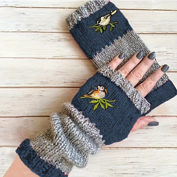 Color - Block Bird Embroidered Fingerless Knit Gloves – Warm, Flexible, Perfect for Daily Autumn/Winter Use, 8.5×22cm Stylish Practical Commute Hand - Warming Essential(dark red) - RnR Galore